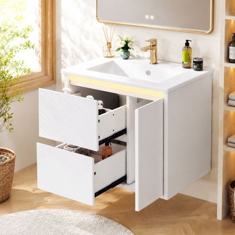 Lavabo mural de 6146,557 cm, totalmente lacado, iluminación LED con sensor de radar, bisagras de cierre suave, lavabo integrado, color blanco. (1/5)