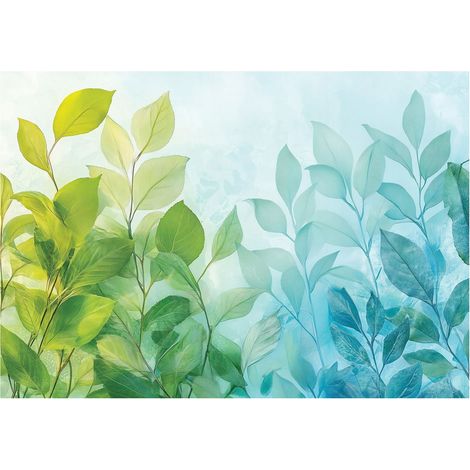 Papier peint panoramique feuilles vert bleu intissé 150x105 cm mural salon chambre petit format (1/5)