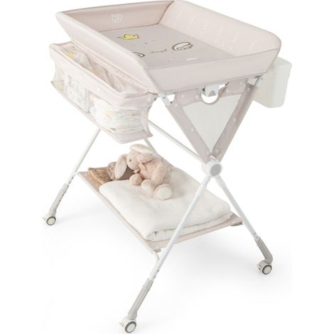 Table à langer pliable hauteur réglable 81 x 66,5 x 101 cm avec rangement pratique et roues verrouillables en métal beige