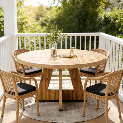 MEUBLIV Table à manger ronde 120 cm coloris naturel style ferme, 4 places, table seule (1/5)