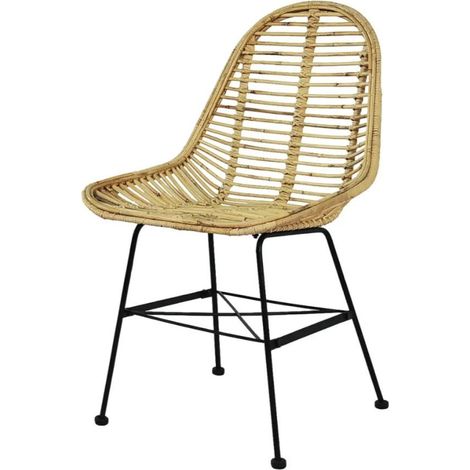 Chaise assise rotin beige et métal noir Noven- Lot de 6 (1/5)