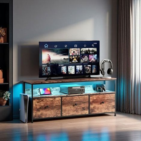 Mobile TV Polivalente - RGB-108cm - Metallo Industriale - Piano in Legno Striato - 3 Cassetti