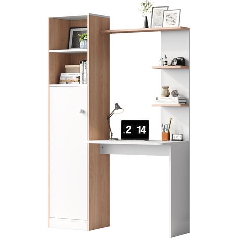 Bureau, 123.5 x 45 x 168.5 cm,avec rangement, armoire avec portes en bas et étagères ouvertes en haut-Blanc (1/5)