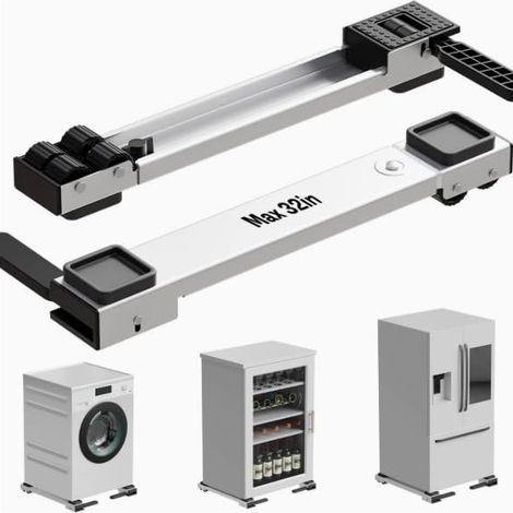 Support réglable pour machine à laver avec roulettes, 2 pièces, hauteur extensible 50 à 80 cm, verrouillable, stable, facile à déplacer, pour lave-linge, sèche-linge et réfrigérateurs, blanc (1/5)