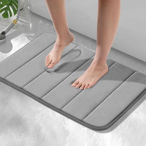 JSSEVN - Non-Slip Memory Foam Bath Mat, 40 x 60cm Absorbent Bathroom Mat, Machine Washable, Quick Drying, Grey (1/5)