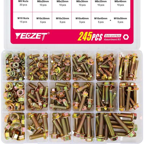 lot de 245 vis à bride et écrous m6 m8 m10, acier carbone 8.8 galvanisé, boîte de rangement, pour bricolage et réparation (1/5)