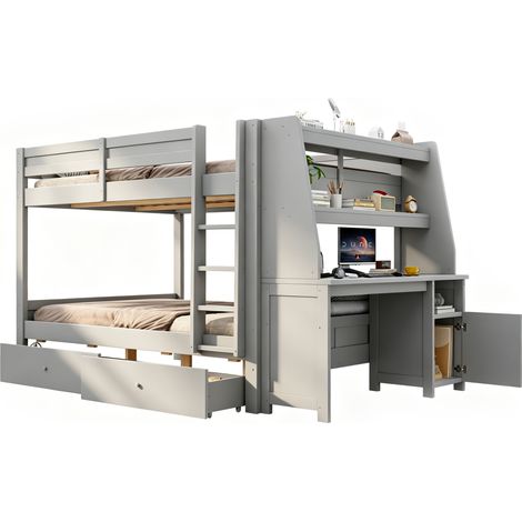 Lit superposé 140 x 200 cm avec bureau, rangement latéral réversible, tiroirs et garde-corps renforcés, gain de place pour chambre d’enfant, gris - CHICFURN (1/5)