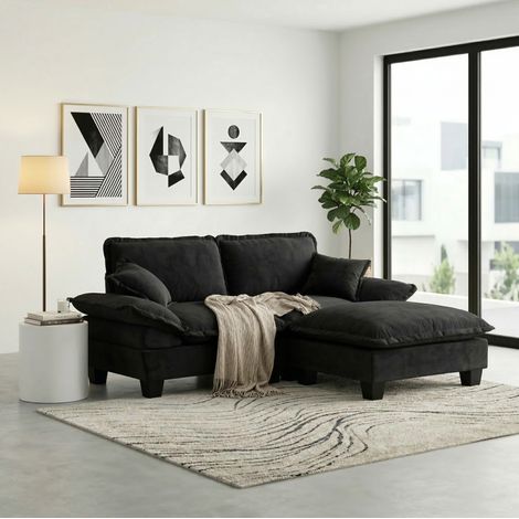 Divano modulare angolare 194x151x90 cm nero in ciniglia con pouf mobile e cuscini morbidi (1/5)