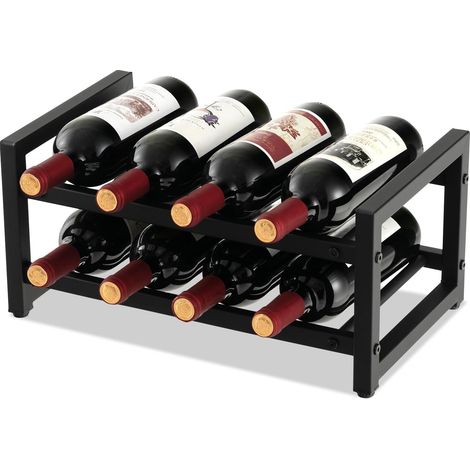 GOPLUS Porte-Bouteille à 2 Niveaux pour 8 Bouteilles,Casier à Vin en Métal Antirouille avec Tapis de Pieds Réglables,Noir (1/5)