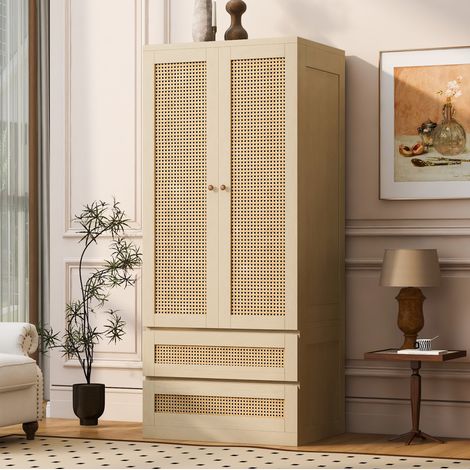 Schrank 70 x 55 x 170 cm mit 2 Türen, 2 Schubladen, Rattanoptik, Holzfarbe OKMYHOME (1/5)