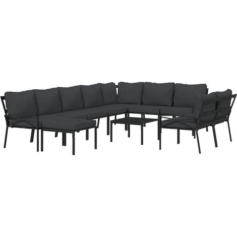 vidaXL Set Mobili da Giardino 11 pz con Cuscini Grigi in Acciaio (1/4)