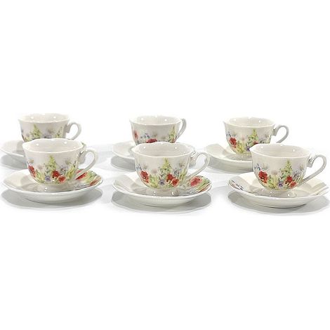 Tazzine Caffè servizio da 6 tazze con piattini in ceramica decoro floreale 80 ml per microonde lavabili in lavastoviglie