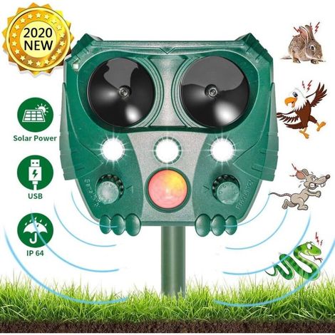 JSSEVN- Répulsif pour animaux à ultrasons solaire, répulsif pour animaux de peur des chats, répulsif pour martres avec détecteur de mouvement et flash pour chats, cerfs, rats, chiens, oiseaux (1/5)