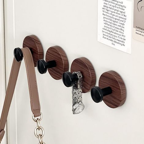 RHG Crochets muraux décoratifs, aspect bois foncé avec boutons noirs, crochets auto-adhésifs ultra-résistants, lot de 4.