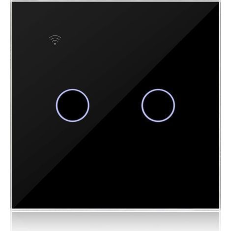 Interrupteur Connecté WIFI Noir 2 Gang 1 Voies Compatible avec Alexa, Interrupteur Tactile Mural WiFi Double Gang Contrôle de Tuya/Smart Life APP, Neutre/sans Neutre Disponible (1/5)