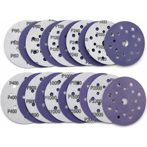 Papier abrasif 125 mm grain 60/80/120/240/320/400/800/1000/1500/2000, 20 disques à poncer violets pour meuleuse d'angle – Ponçage humide/sec(17 Trous) (1/5)