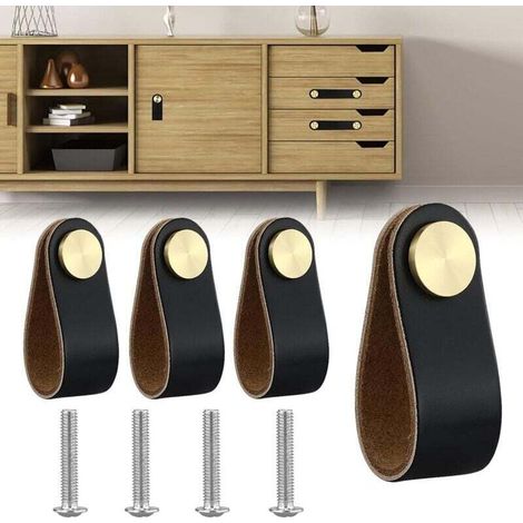 4pcs Poignée Meuble Cuir, Bouton Porte Placard Poignee Cuir Bouton de Tiroir, Poignee de Meuble Vintage pour Armoires, Commode, Cuisine, Salle de Bain (Noir, Monotrou) (1/4)