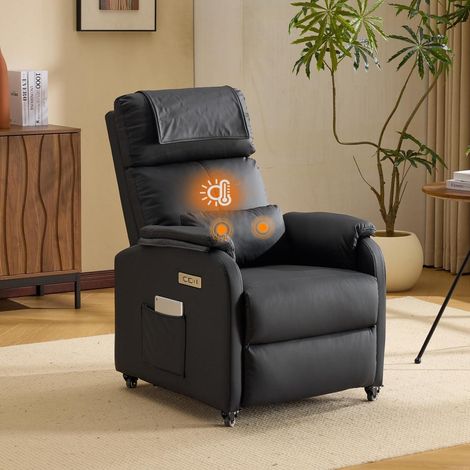 Fauteuil relax électrique avec massage et chauffage, cuir noir, USB-C (1/5)