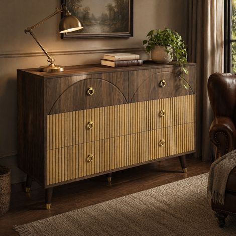 Credenza 120x40x81 cm in legno naturale con 6 cassetti per soggiorno e ingresso - FLORAGRACE (1/5)