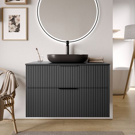 Waschtischunterschrank Bernstein TIM 100 cm für Aufsatzwaschbecken Badmöbel: Schwarz matt profiliert, Metallgriff: Schwarz matt, Waschtischplatte: Schwarz matt
