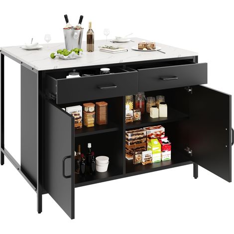 Îlot central de cuisine noir avec rangement, table haute effet marbre en MDF, 2 tiroirs et étagère réglable, 100 x 90 x 90 cm (1/5)