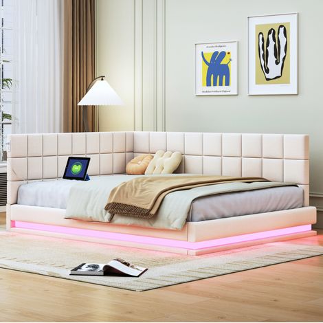 Polsterbett Schlafsofa 140/200 cm beige aus Leinen mit LED-Lichtleiste und USB-Steckdose (1/5)