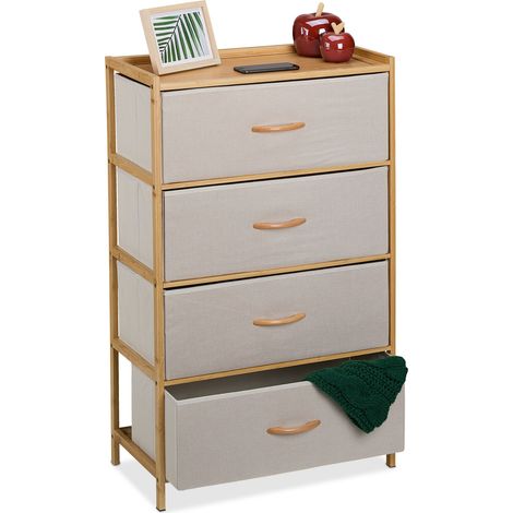 Relaxdays Cassettiera Camera da Letto, Comò 4 Cassetti in Tessuto, HLP: 94x58x32,5 cm, Struttura in Bambù Naturale Beige