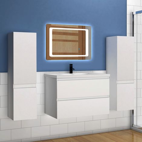Acezanble Acezanble meuble Salle de Bain avec une vasque à suspendre + Combinaison colonne rangement + Un miroir de 70x50 cm (1/5)