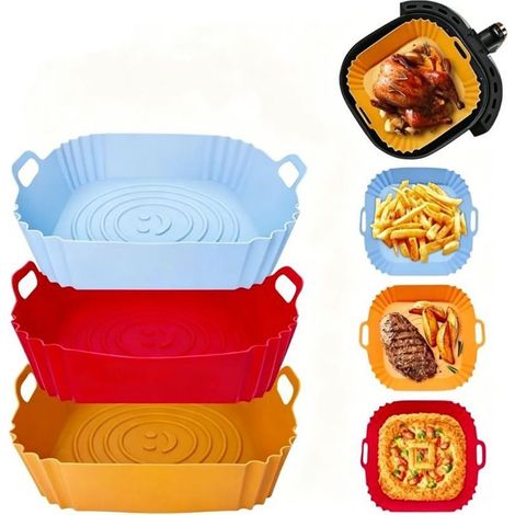 Lot 6 Moules Silicone Carré pour Air Fryer, Doublure Réutilisable avec Motif Souriant, Compatible Friteuse à Air, Four et Micro-Ondes, Bleu Rouge Orange (1/5)