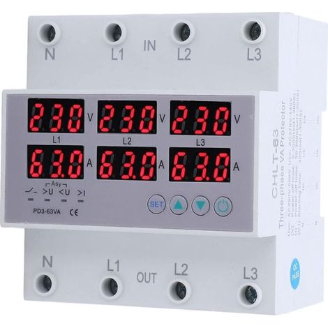 Voltmètre à rail DIN triphasé ampèremètre protecteur de surintensité de surtension automatique AC 390‑500V 63A (1/4)