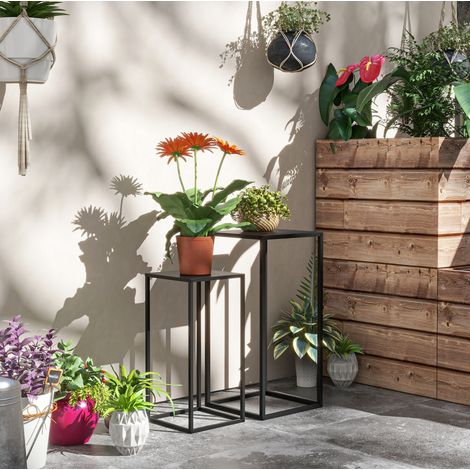 Porte-plantes 31x31x65 cm en acier noir, gain de place, design moderne pour balcon FloraGrace (1/5)