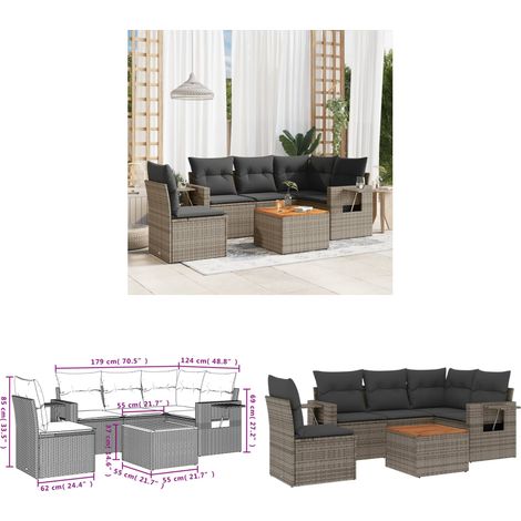 6-tlg. Garten-Sofagarnitur mit Kissen Grau Poly Rattan - Gartenmöbel Set - PE-Rattan Möbel - Outdoor Lounge - Esszimmergarnitur - Balkonmöbel - Home & Living (1/3)