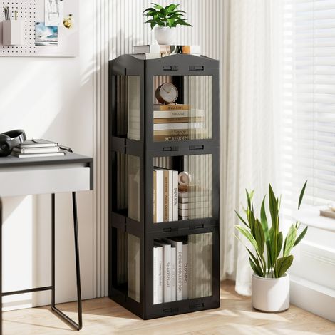 Bibliothèque Pliante Rotative Étagère Tournante à 360° Bibliothèque à 3 Niveaux Étagère d'Angle Haute Organisateur de Rangement Noir (1/3)