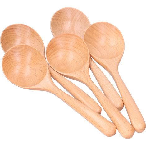 Lot de 5 cuillères en bois à long manche, louches en bois pour mélanger et remuer, ustensiles de cuisine, couleur bois. (1/5)