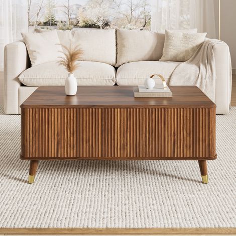 Couchtisch Modern Retro, höhenverstellbare Tischplatte, Wellenstruktur, Walnuss-Optik, Holzbeine, großer Stauraum, multifunktionaler Wohnzimmertisch (1/5)