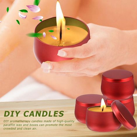 Set di 12 barattoli in metallo per candele, 225 g, di colore rosso, ideali per candele e lavori creativi. (1/4)
