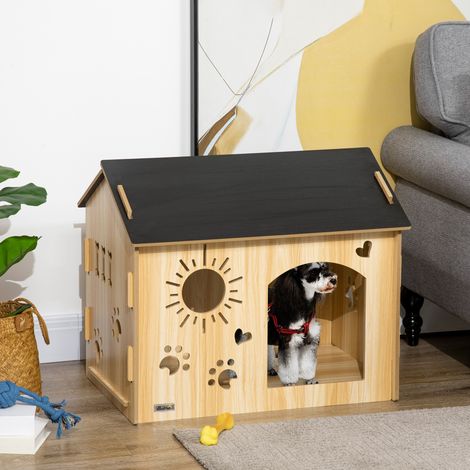 Cuccia in legno PawHut per cani di piccola taglia, cuccia da interno con forme incise, 69x50x58,5 cm, rovere