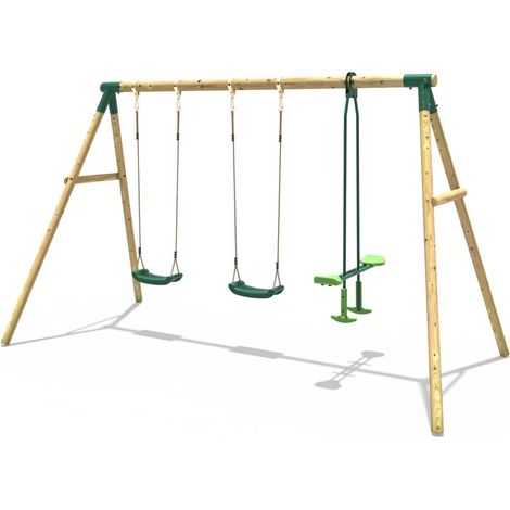 Rebo Wooden Garden Swing Set with 2 Standard Swings and Glider - Neptune Green (1/5)