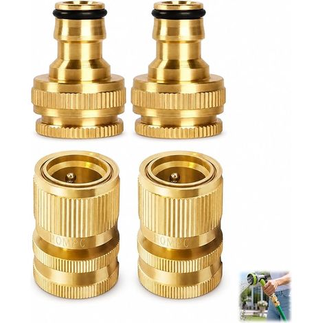 2 Paires Connecteur Tuyau Laiton Massif, Raccord Rapide Laiton Tuyau Arrosage Laiton 1/2 Pouce et 3/4 Pouce, Connecteur Universel pour Tuyau de Jardin, Arrosage Nettoyage et Irrigation Extérieure (1/5)
