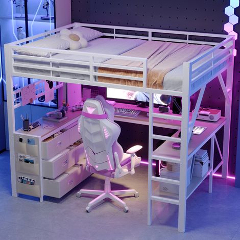 Lit mezzanine gaming 2 places 140x200 cm avec bureau en U, Tiroirs, Penderie, Étagères, LED et garde-corps, Métal et MDF blancs (1/5)