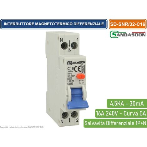 SANDASDON INTERRUTTORE MAGNETOTERMICO DIFFERENZIALE SALVAVITA PER BARRA DIN 1 MODULI 1P+N 16A C16 240V 30mA 4.5KA (1/4)