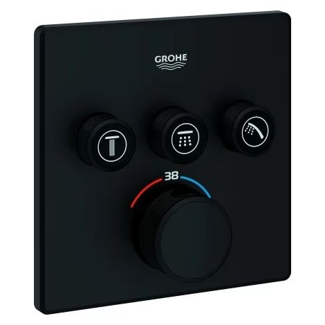 GROHE Termostato Grohtherm SmartControl 102167, con 2 llaves de corte y soporte de teleducha integrado, set de montaje final para Rapido SmartBox, florón mural cuadrado, phantom black, 102167KF00