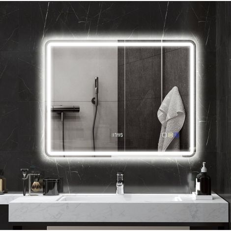 Miroir LED de salle de bain 70 x 90 cm, Bluetooth, horloge, antibuée, argent DESVIAE (1/5)