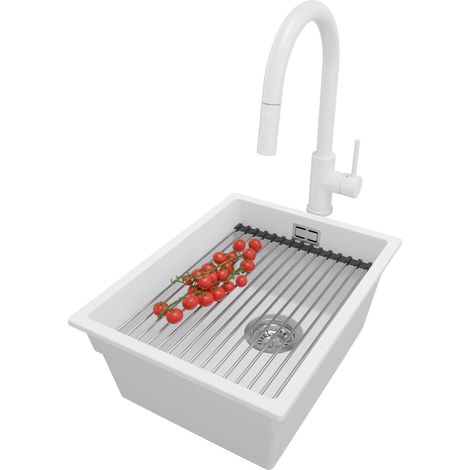 PRIMAGRAN Evier Cuisine en Granit 36x47cm, Lavabo 1 bac + Robinet 40x20cm + Kit de Vidage + Accessoire, Évier à Encastrer au meuble 40cm - Prague Slim, Blanc (1/5)