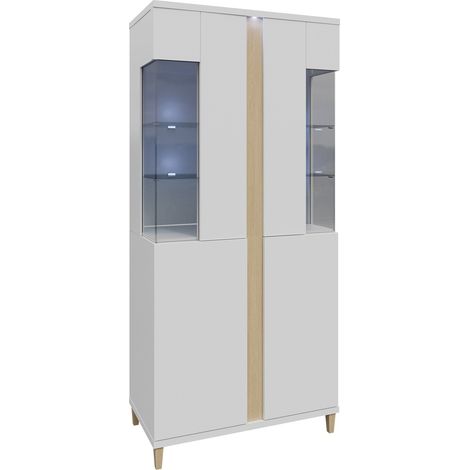Estantería Florem IV, Blanco + Blanco brillante + Luminoso madera, Con puertas, Cerrable, Aglomerado laminado, Vidrio, Número de puertas: 4, Número de cajones: 0, 198x92x40cm, LED (1/3)