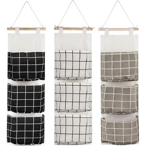 Lot de 3 sacs de rangement suspendus à 3 compartiments, paniers de rangement muraux en tissu de qualité supérieure pour chambre et salle de bain KM (1/5)