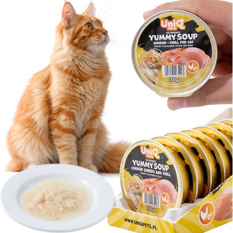 Comida húmeda para gatos con caldo de pollo y krill, deliciosa sopa UniQ Pets, 8 x 30 g