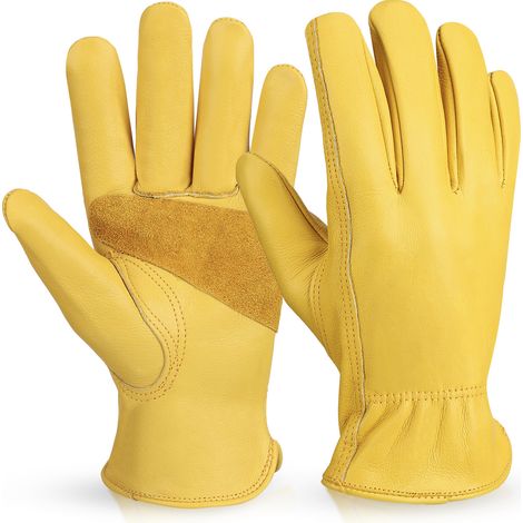 Gants de travail en cuir de vachette, résistants à la chaleur et antidérapants, idéaux pour le camping, la menuiserie, la soudure et le jardinage - Taille L - 1005 Jaune