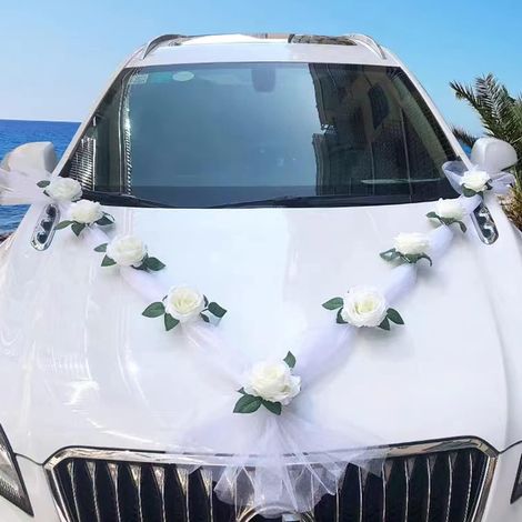 BRAVIX Kit de décoration de voiture de mariage blanc,Guirlande de mariage,Décoration de voiture,Décoration florale de voiture,Décoration de mariage,Gaze blanche,Avec 9 roses,2x1.6 m de long