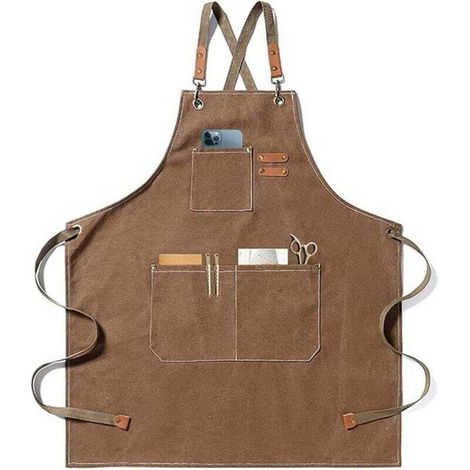 Tablier de cuisine, tablier de jardinage en toile de coton avec grandes poches pour hommes et femmes, bavoir de cuisine, tablier de jardinage durable et réglable - Café (1/4)